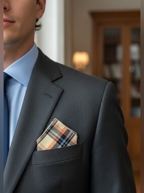 Pocket Square Handkerchief in Peach, Navy & Light Blue Plaid